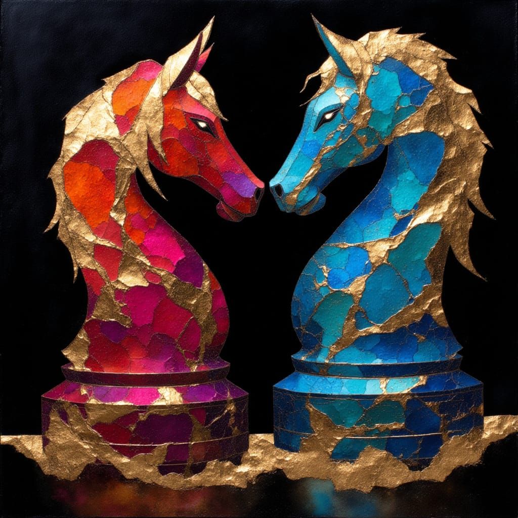 <lora:Orel:1.0> Chess king and queen pieces side by side
Figurative painting with hammered copper, ruby enamel, and sapphire metallic pigmen...