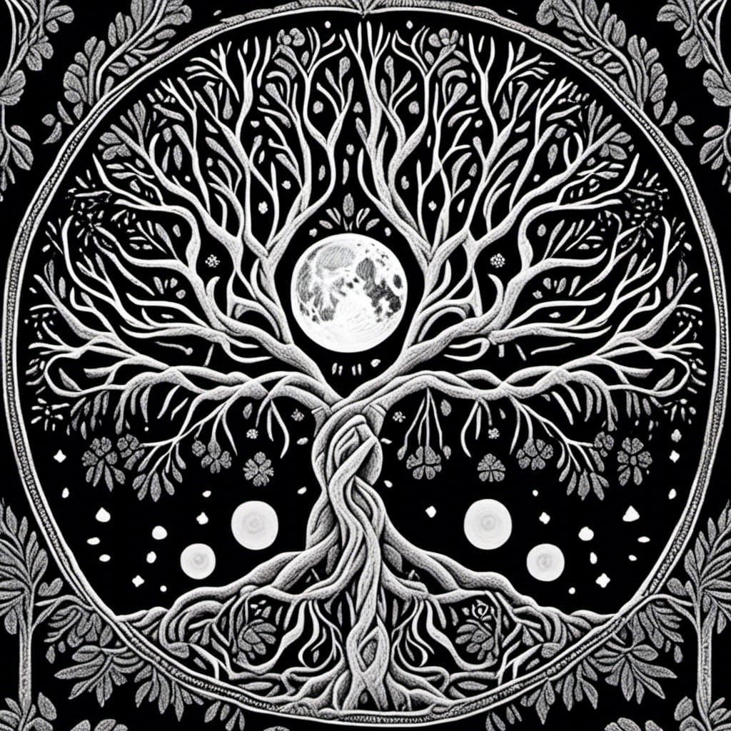 hand drawn intricate tree of life :: sun and moon motif :: love :: double exposure :: black and white scratchboard drawing :: stippling :: b...