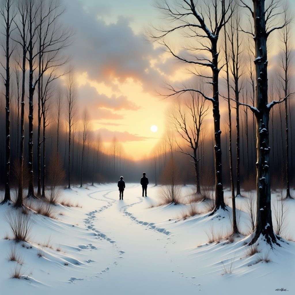 <lora:Lights:1.0> Ben Bocquelet Simon Stålenhag wet brush oil on canvas charcoal drawing. Snowy park, dawn, trees in background covered in s...