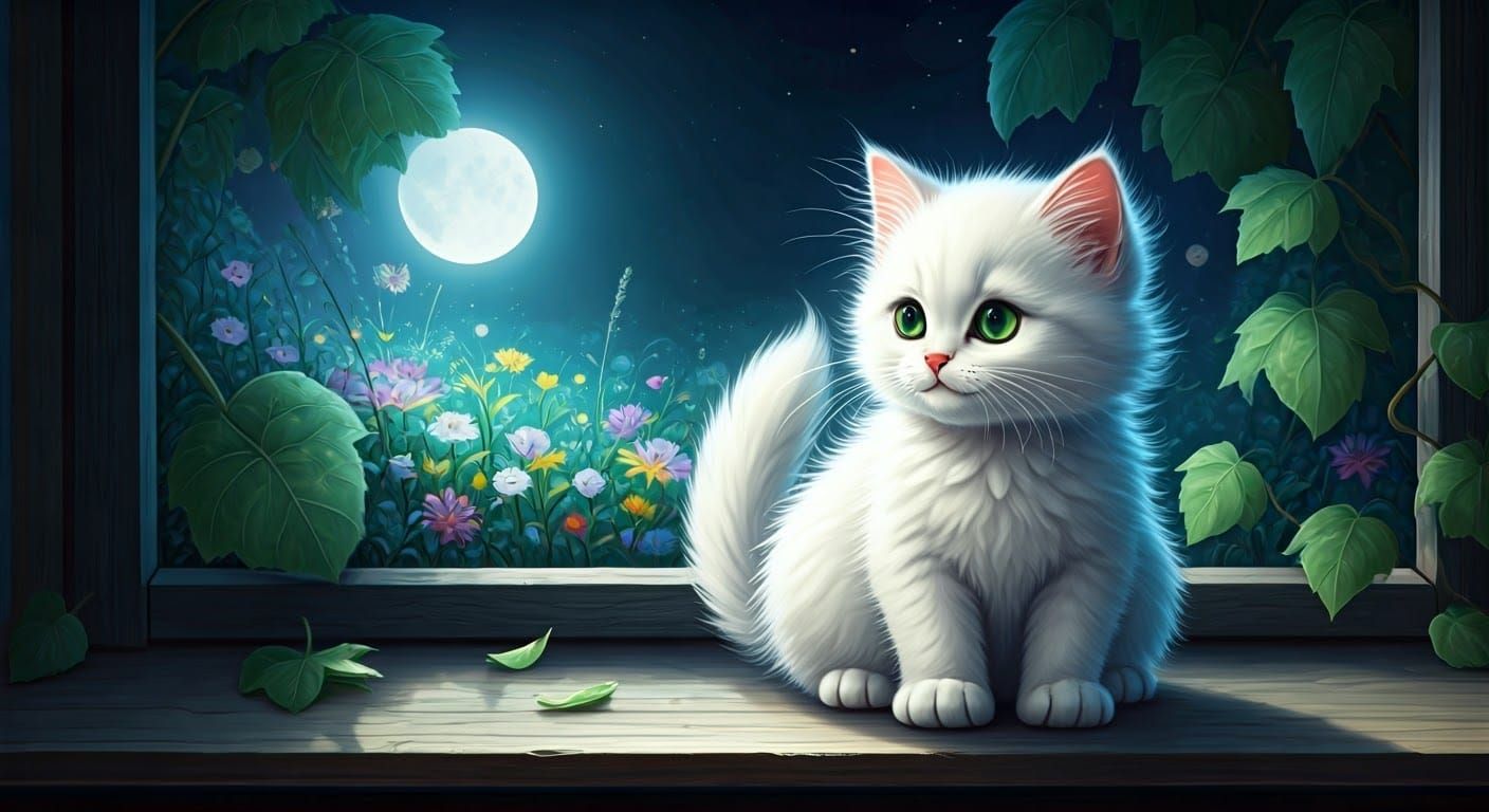 In a stunning moonlit scene, there’s a charming little cat n...