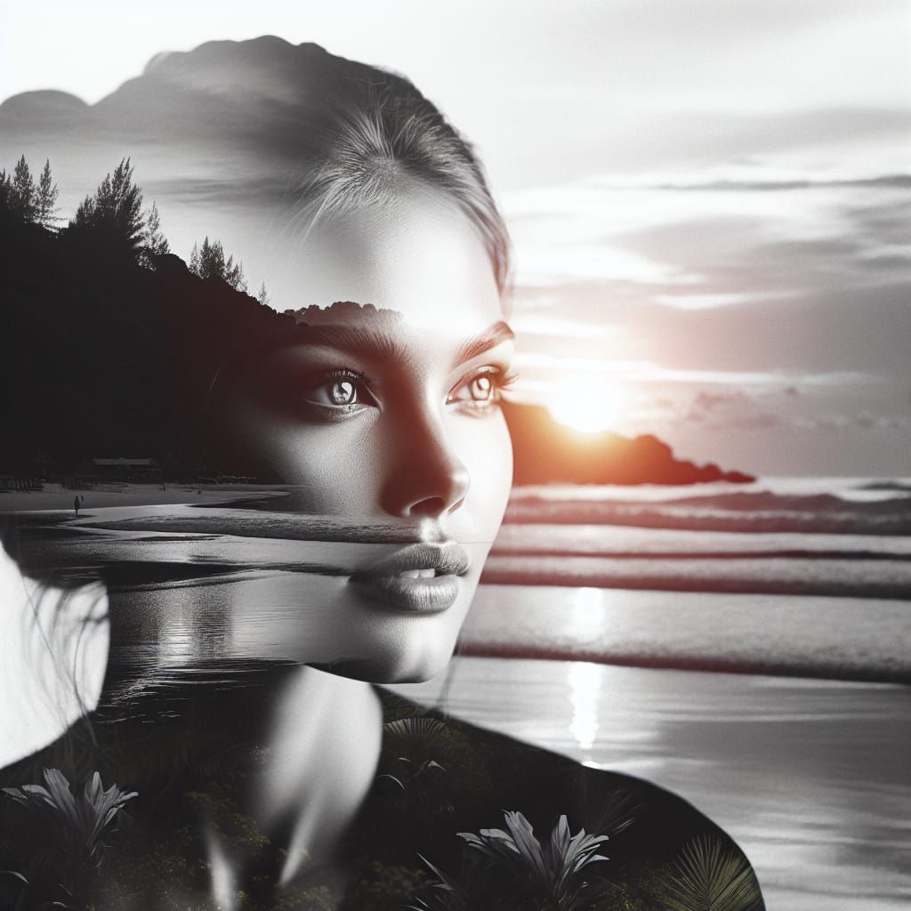 Monochromatic Sunset Portrait in Double Exposure Style