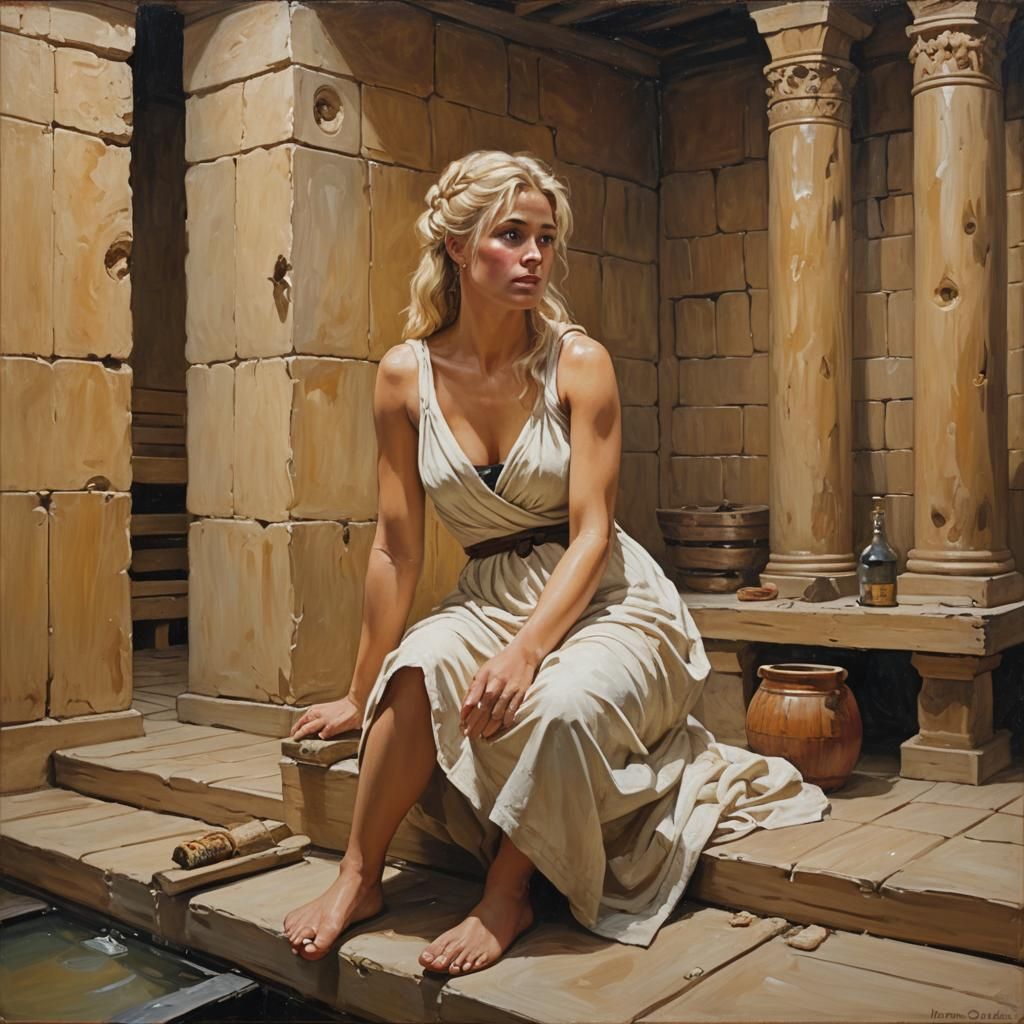Blonde haired female posing in roman sauna oil painting by J...