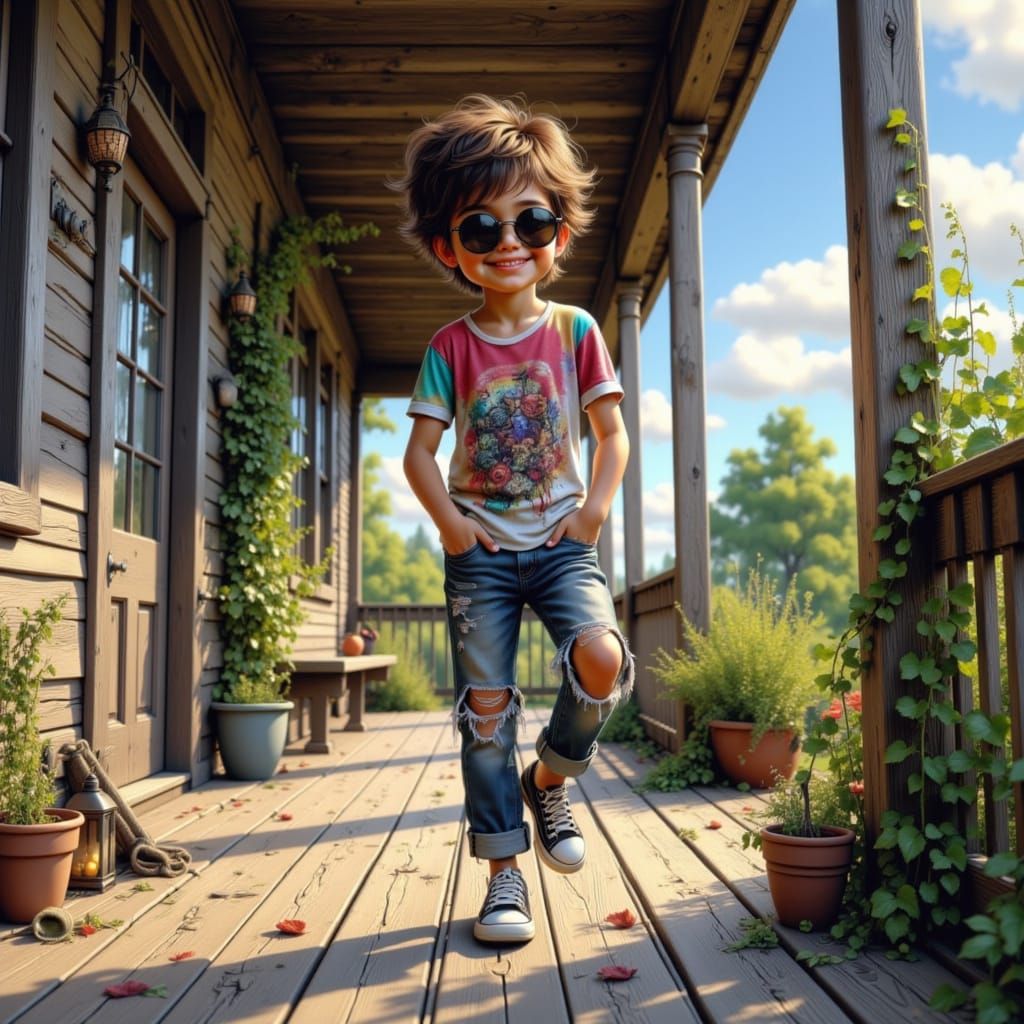 Hyperrealistic HD watercolor of a stylish 5-year-old boy, Full Body,  standing confidently in front of a rustic wooden porch. reflective sun...