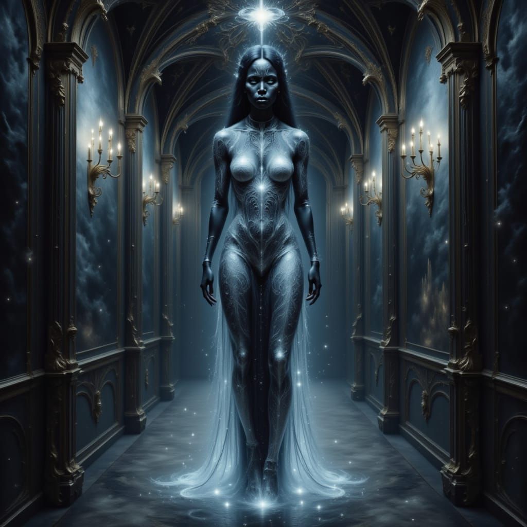 <lora:Celestial Intensity:1.0> Shimmering gothic ghost woman in a dark mansion hall, silver lights,  gothic renaissance oil painting, artist...