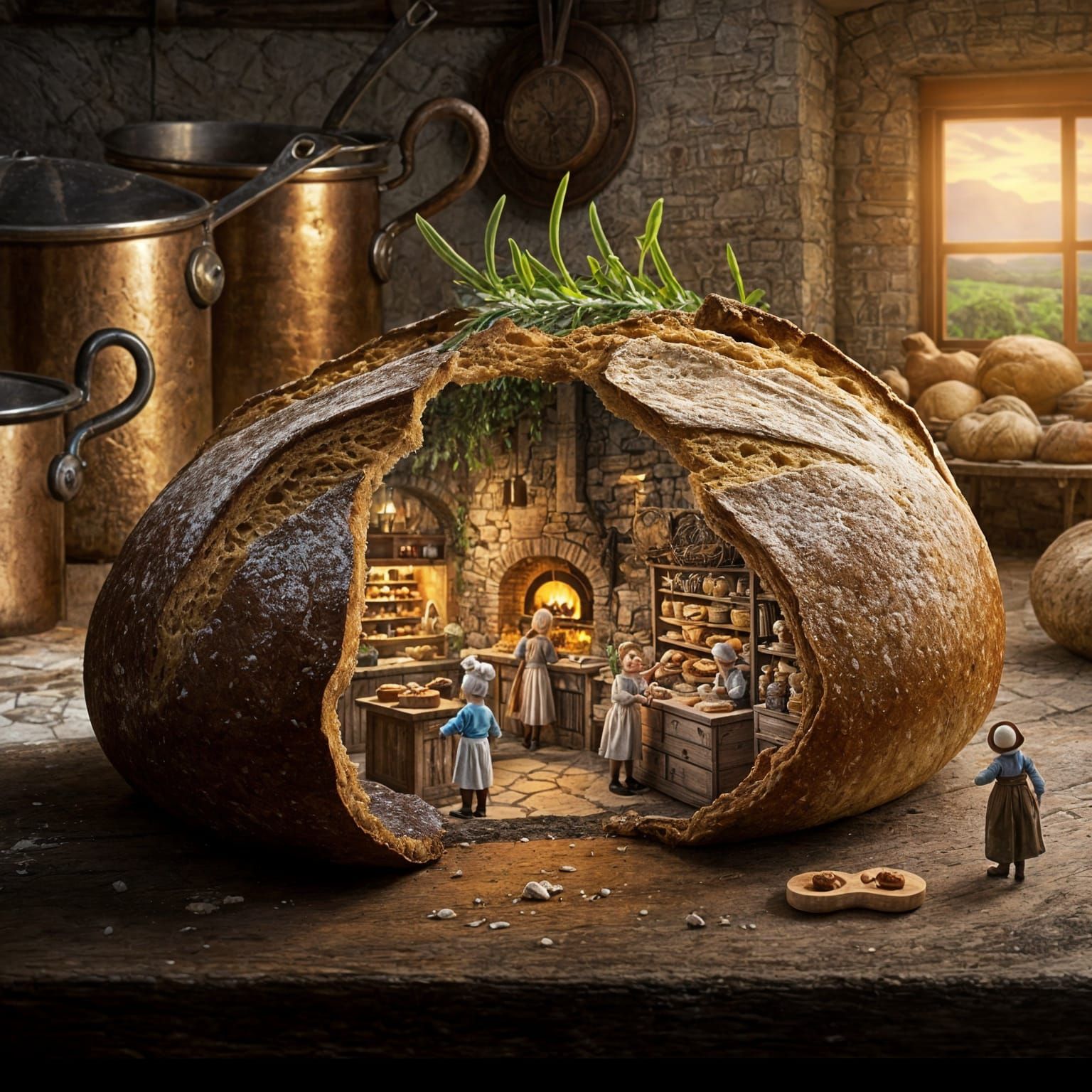 Realistic, side view against the background of a rustic country kitchen. Inside the crack in an epic loaf of bread lies a tiny realm of a wh...