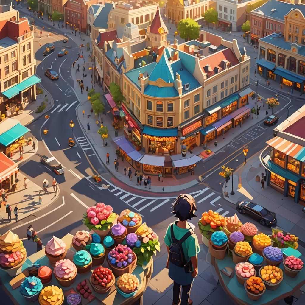Low-Poly Cityscape with Sweet Treats in Golden Hour