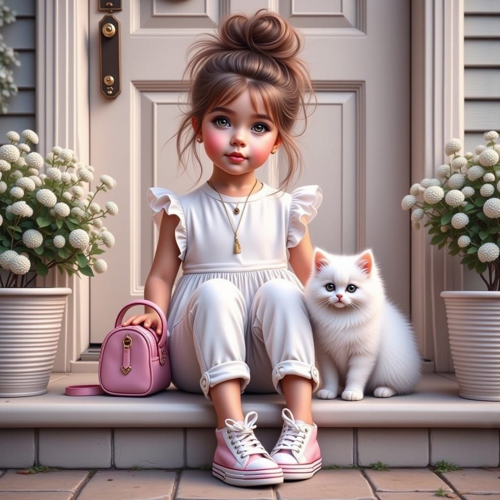 <lora:Expressive eyes:1.0> Glamour shot (3-year-old Caucasian breathtakingly beautiful cherubic girl), perfect face, baby white kitten sitti...