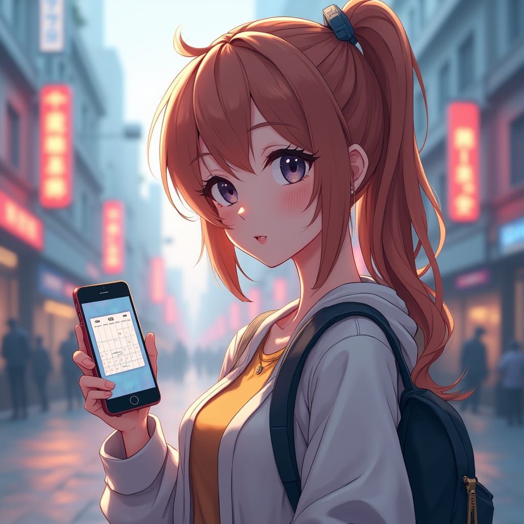Woman with Smartphone Calendar in Anime Style