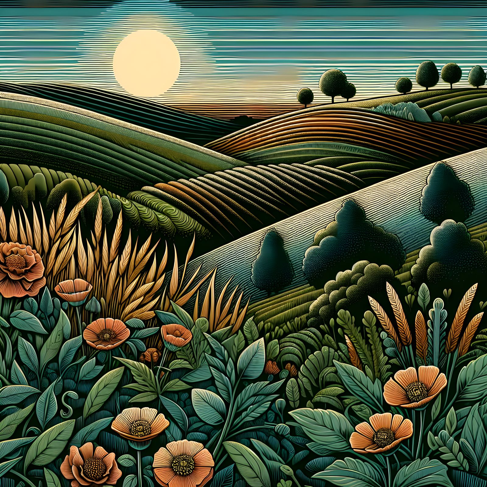 A stylized landscape illustration featuring rolling hills, l...