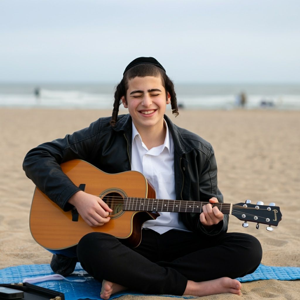 Hasidic Man Plays Guitar on Beach