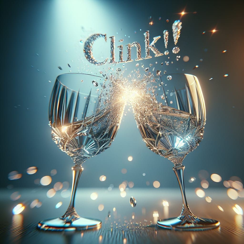 Create a close-up, elegant scene where two crystal glasses are about to ‘clink’ together in a celebratory ...  by @AlsoEddy
