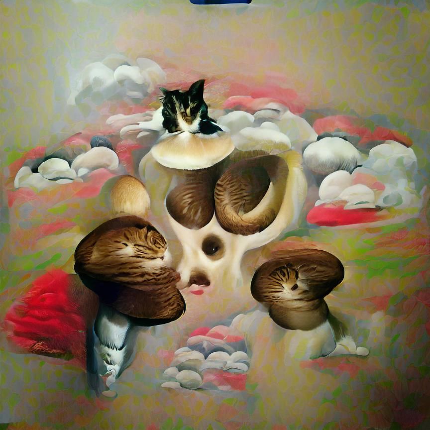 Surrealist painting of how my cat looks on mushrooms