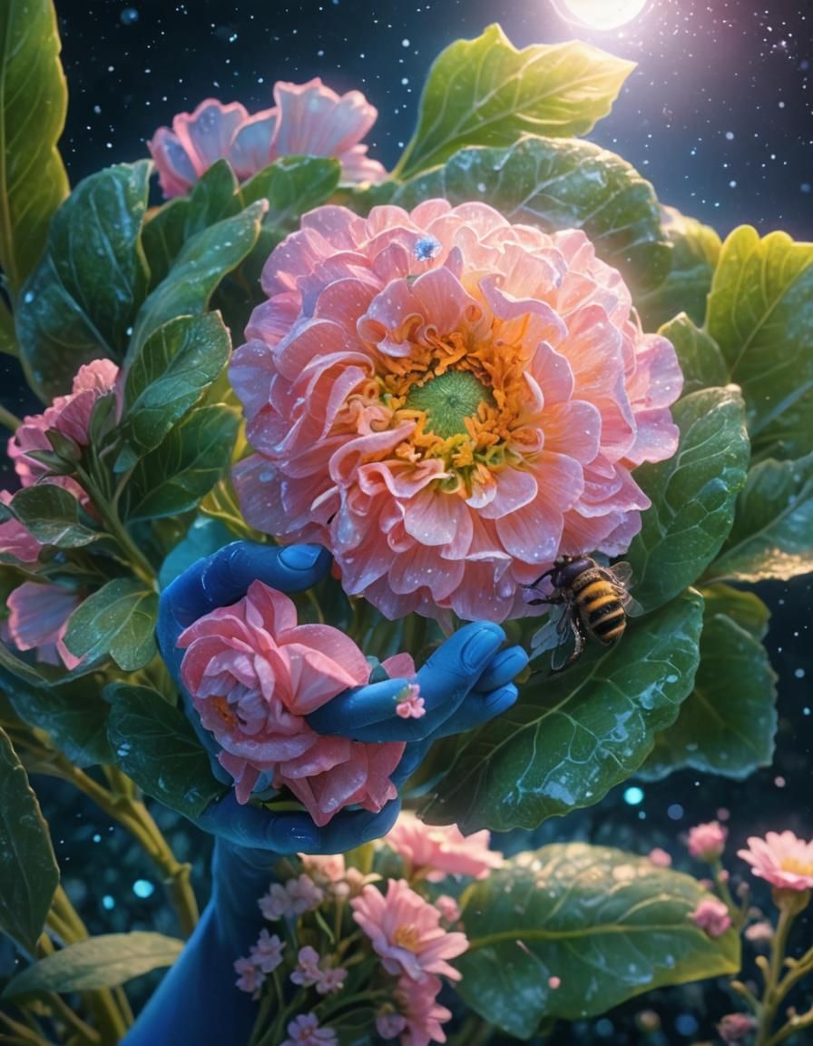 I want you to hold this flower in a bright blue hand surrounded by soft green leaves, and for the moonlight to reflect off the flower in pas...