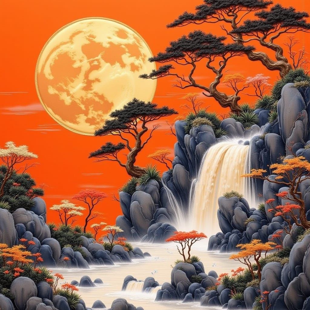 Waterfalls, trees, rocks, golden moon, orange background