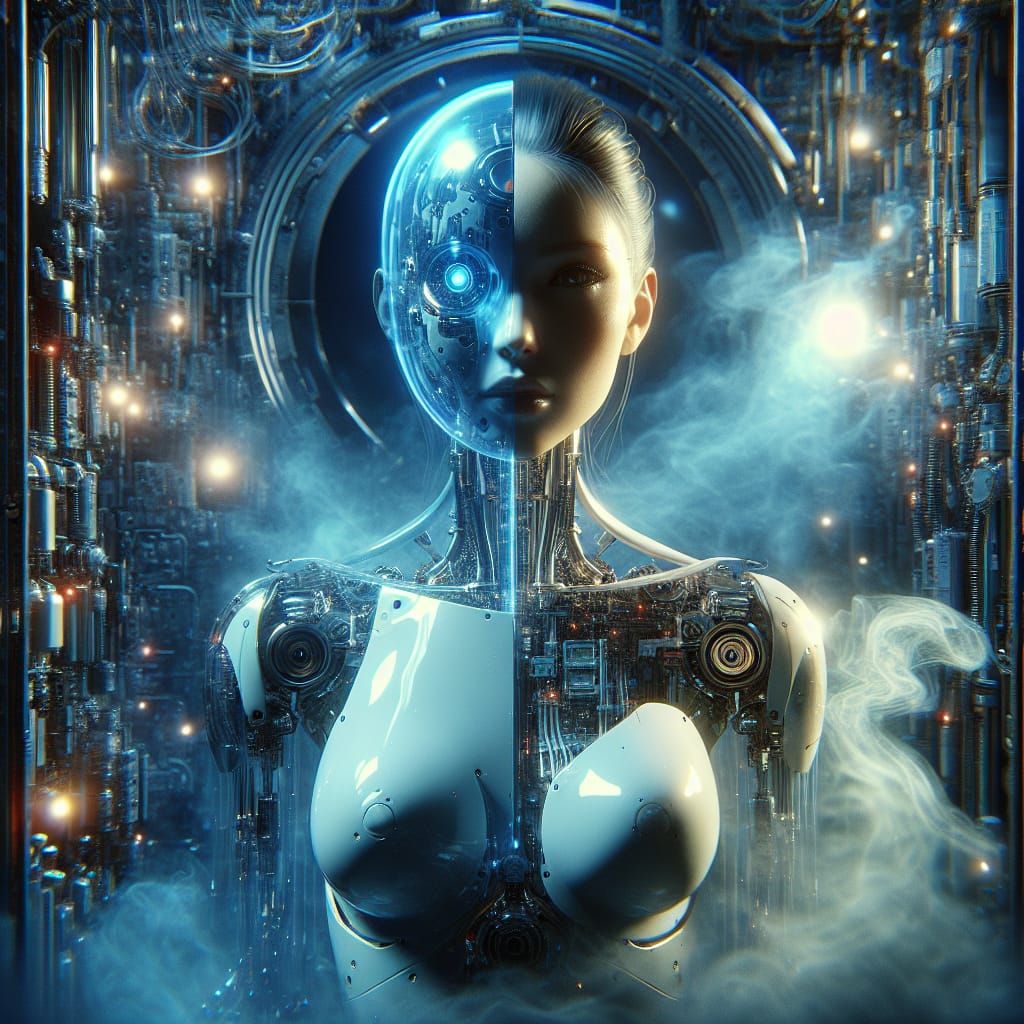 futuristic senthetic woman, artificial pleasure bot, realistic android, half head in plastic blue bubble, full body, cinematic, 4k, epic Ste...
