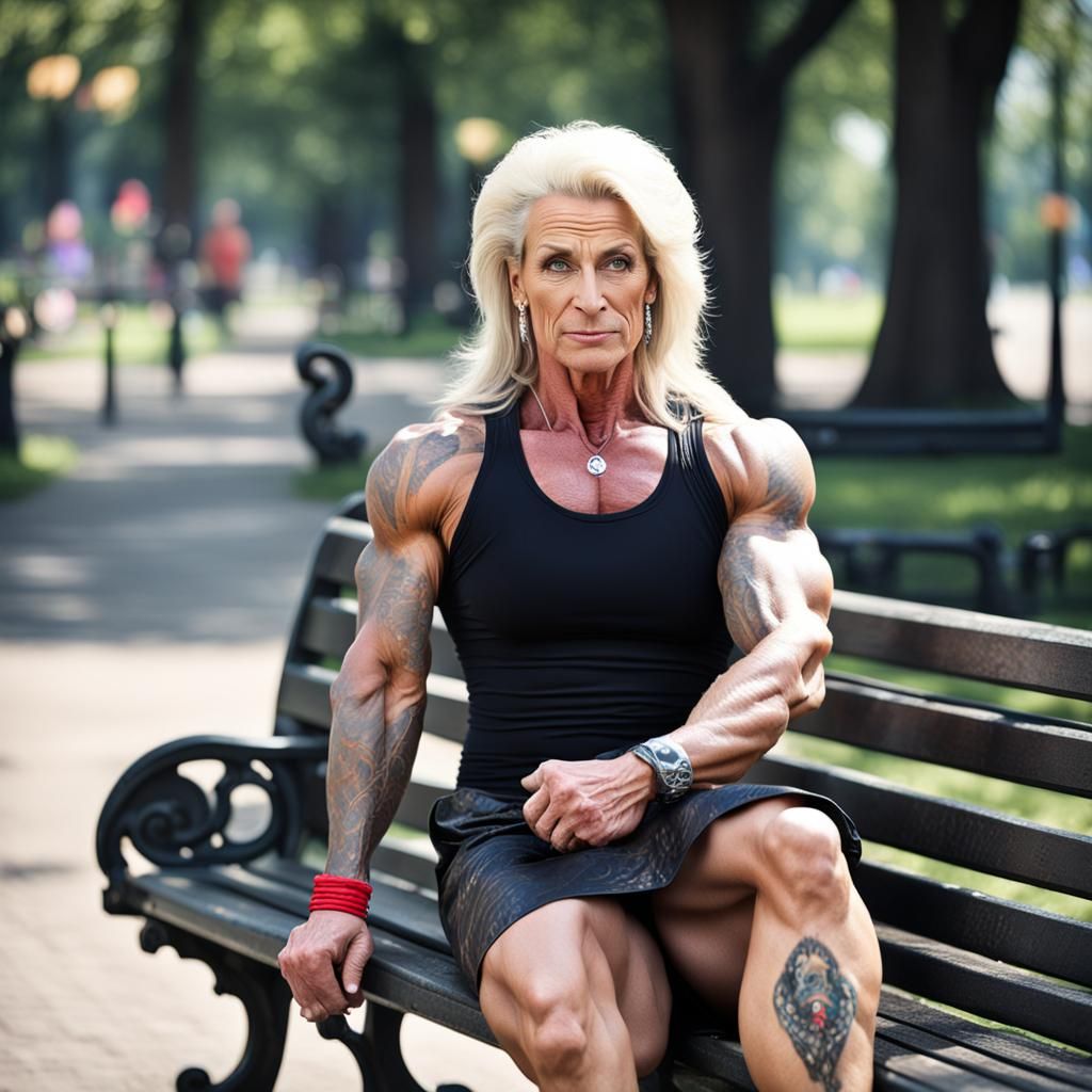 a beautiful female 43 years old body builder sitting at a park bench,  masculine face, sunny day, short skirt, makeup, high he... - AI Generated  Artwork - NightCafe Creator