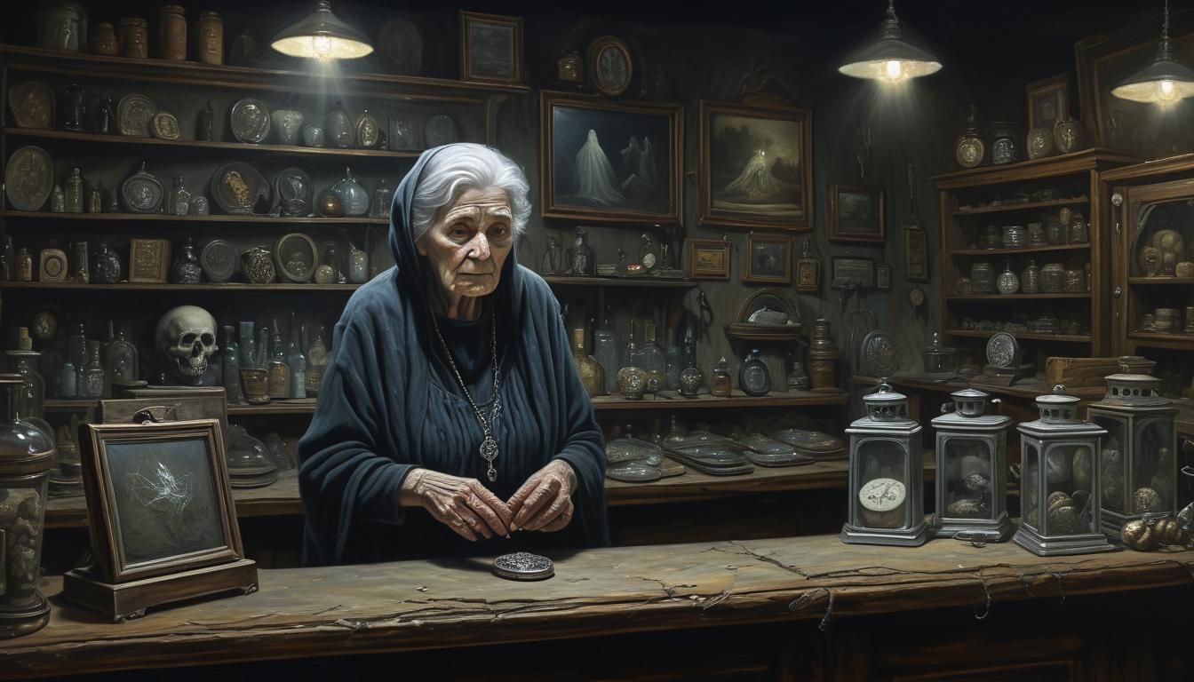 A narrow, shadowy alley lined with crumbling brick buildings, leading to a hidden antique shop. The shop’s windows are covered in thick dust...