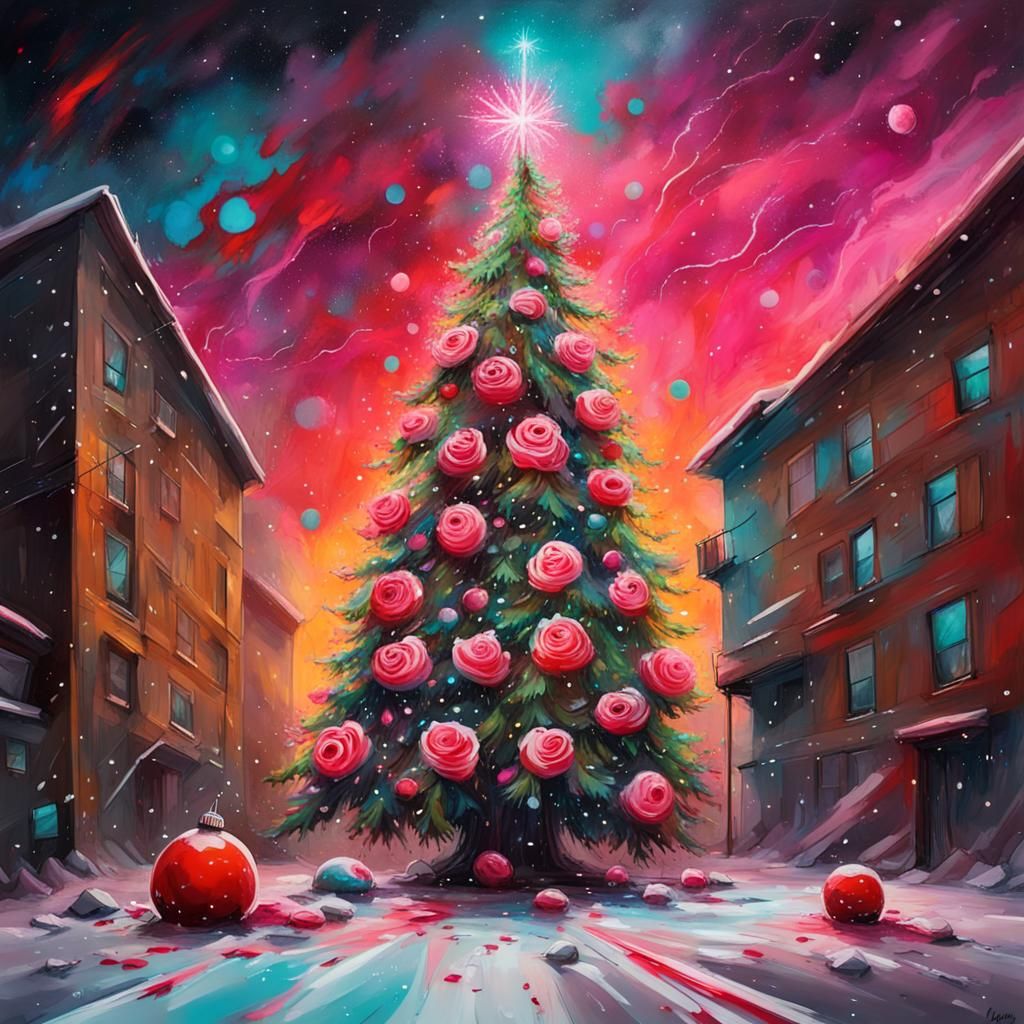 Cosmic Christmas Tree with Roses in Graffiti Style
