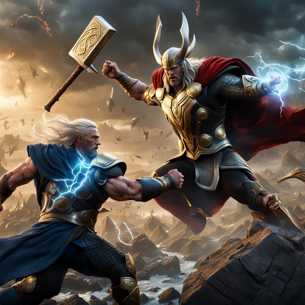 Jormungundr fighting Thor at Ragnarok