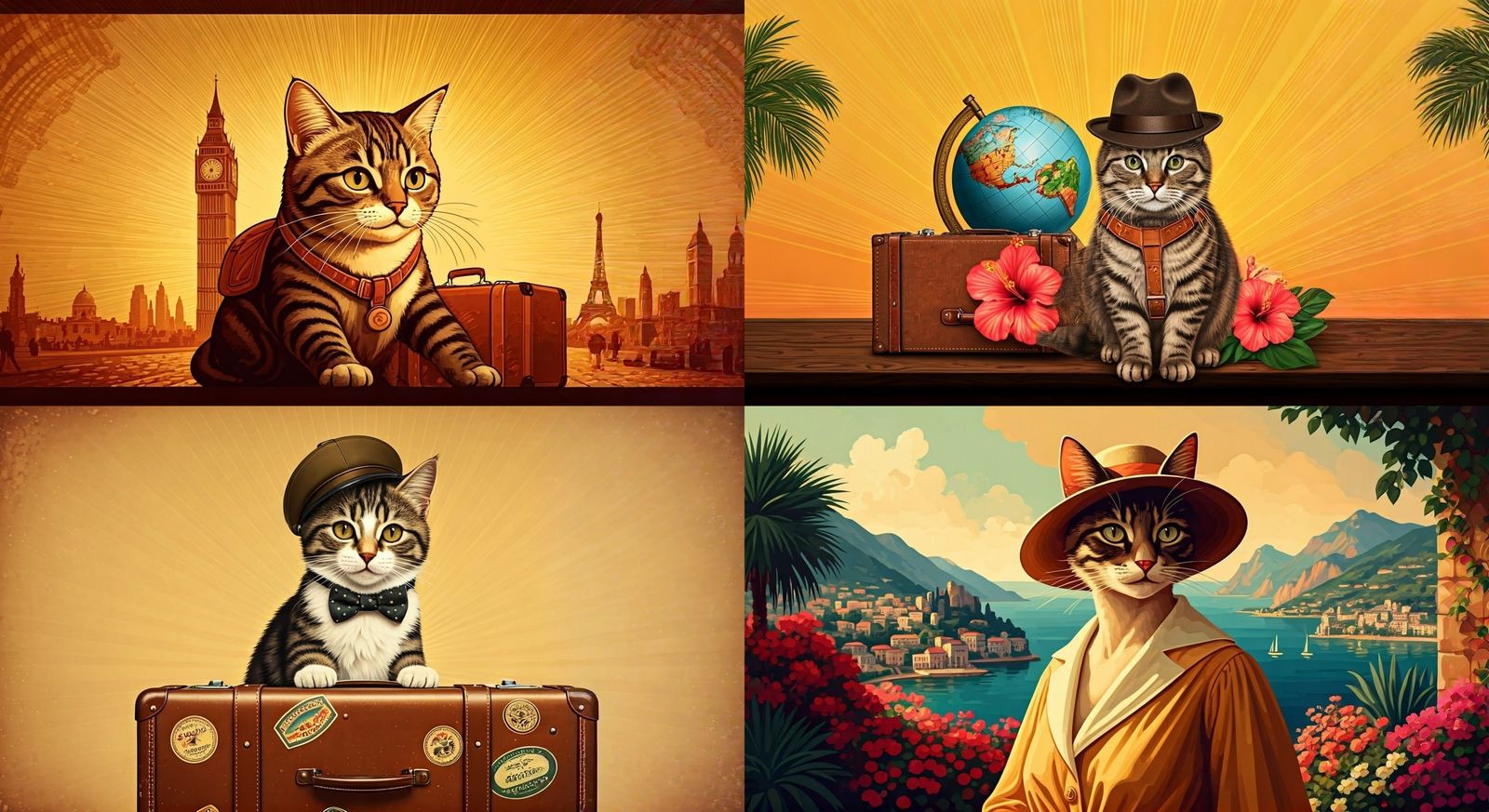 A cat in vintage trvel poster style