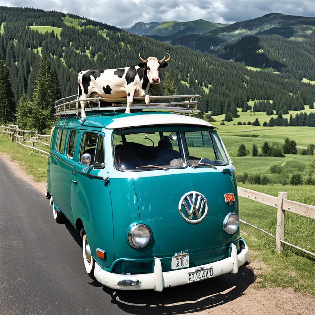 we drove up on this Vdub with a cow hanging out the back!