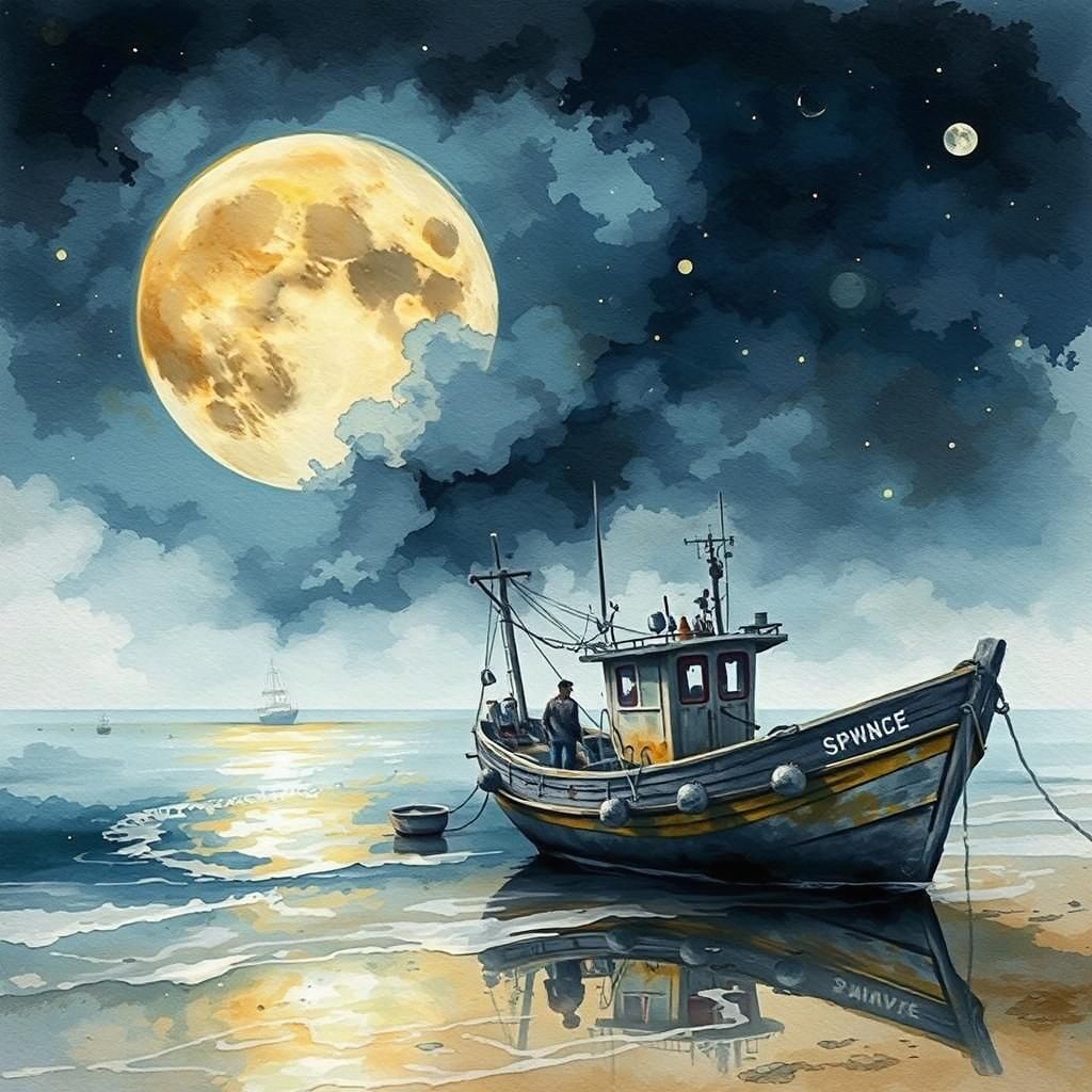 Moonlit Fishing Boat in Spectral Watercolor Style