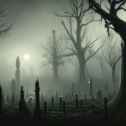 A misty graveyard at night, with twisted trees and a full mo...