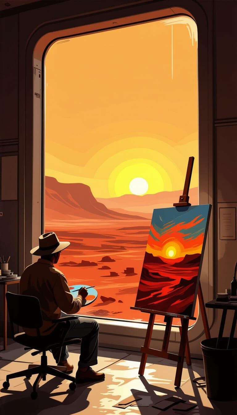 An artist sits by a window in a Mars colony, painting the desolate red landscape outside with broad, ...  by @Matthew Convento