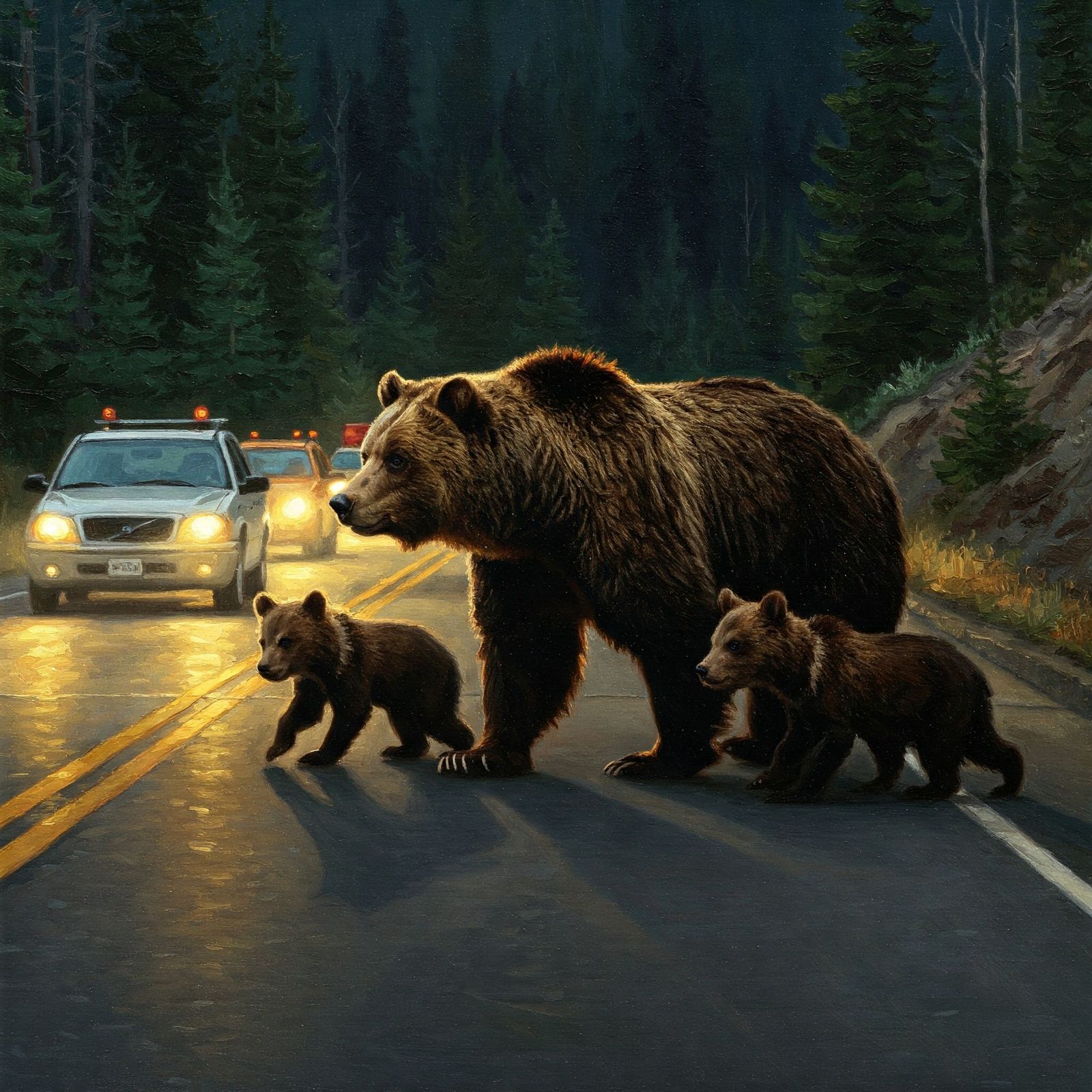 Grizzly bear and cubs crossing a highway