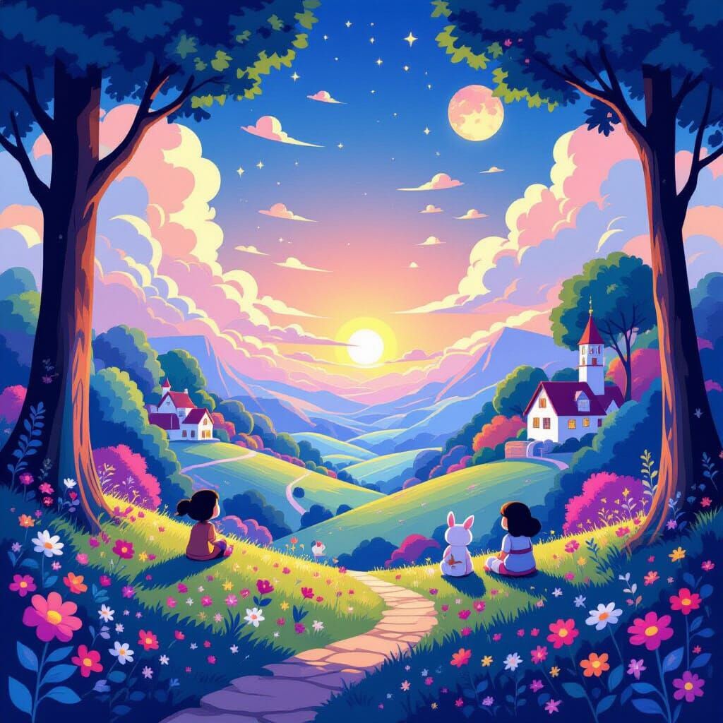 Dreamlike Vibrant Landscape with Fantastical Elements