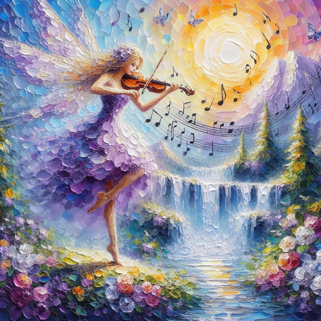 fairy playing a violin, impasto painting.