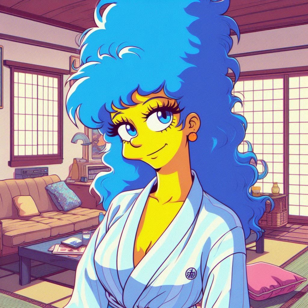 a 1980s anime style image of Marge Simpson drawn in human an...
