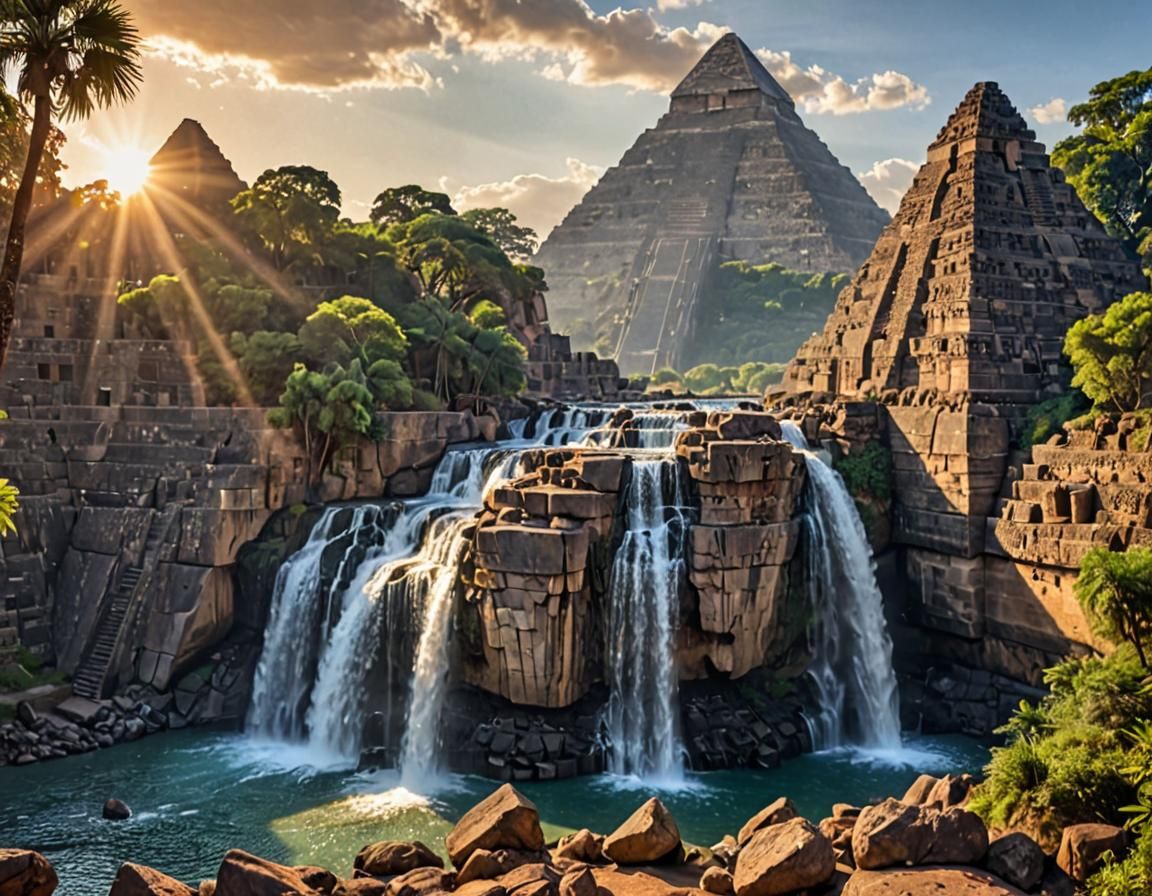 the most gorgeous and epic waterfall of all the world , tall and multiple falls, piercing sun and sparkling water sunset in the horizon ,eer...