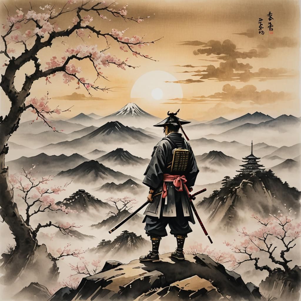 Samurai on Mountain Peak in Ink Wash Painting