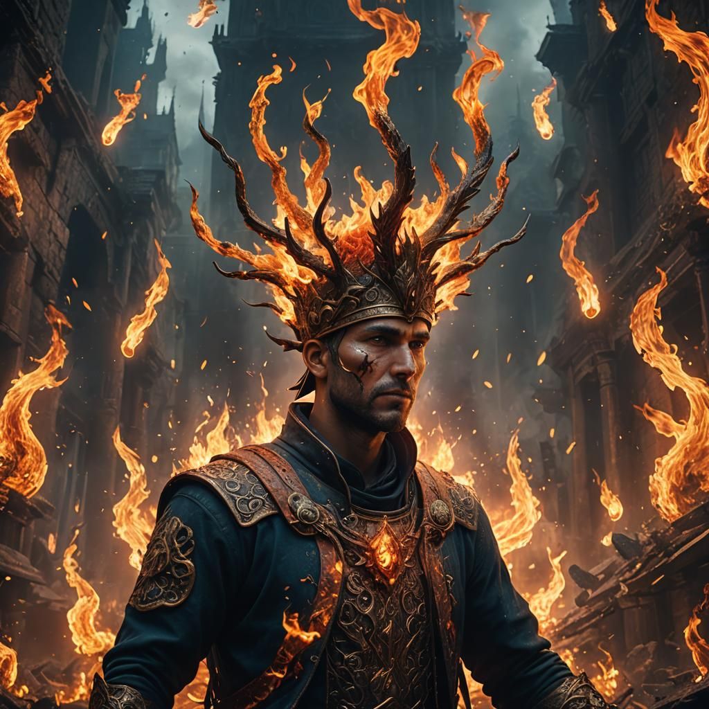 person with fire on his head