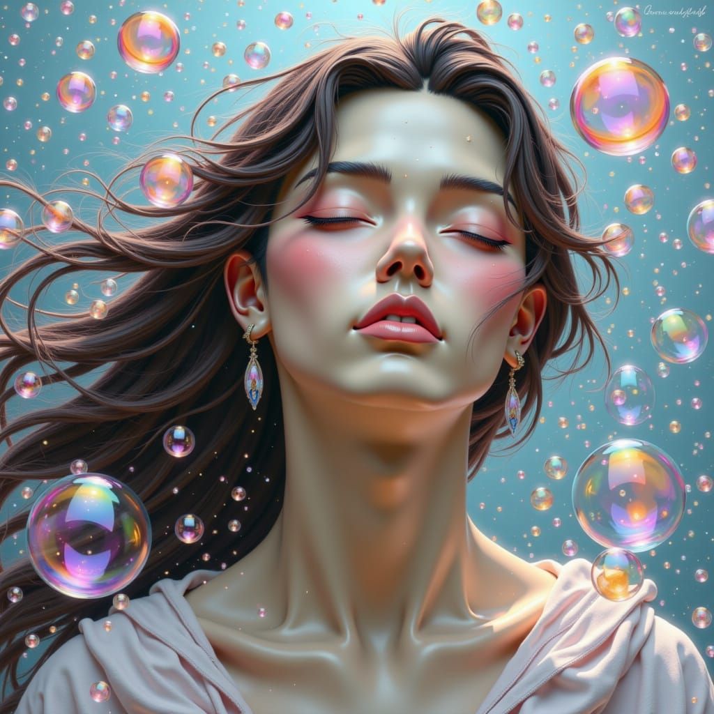 A dreamy portrait of a woman surrounded by colorful, glowing bubbles. The bubbles float gently around her, casting a soft, ethereal light up...