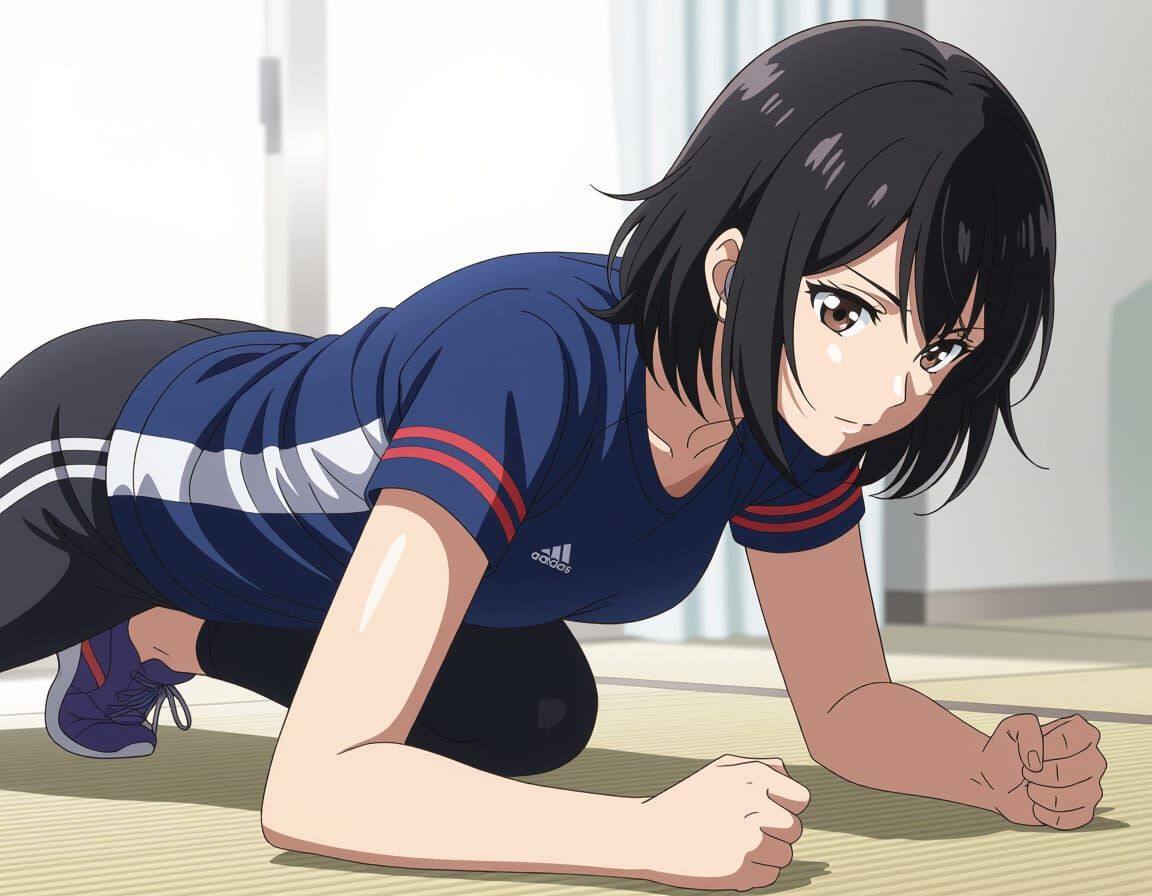 Anime Woman Doing Push-Ups in Home Setting