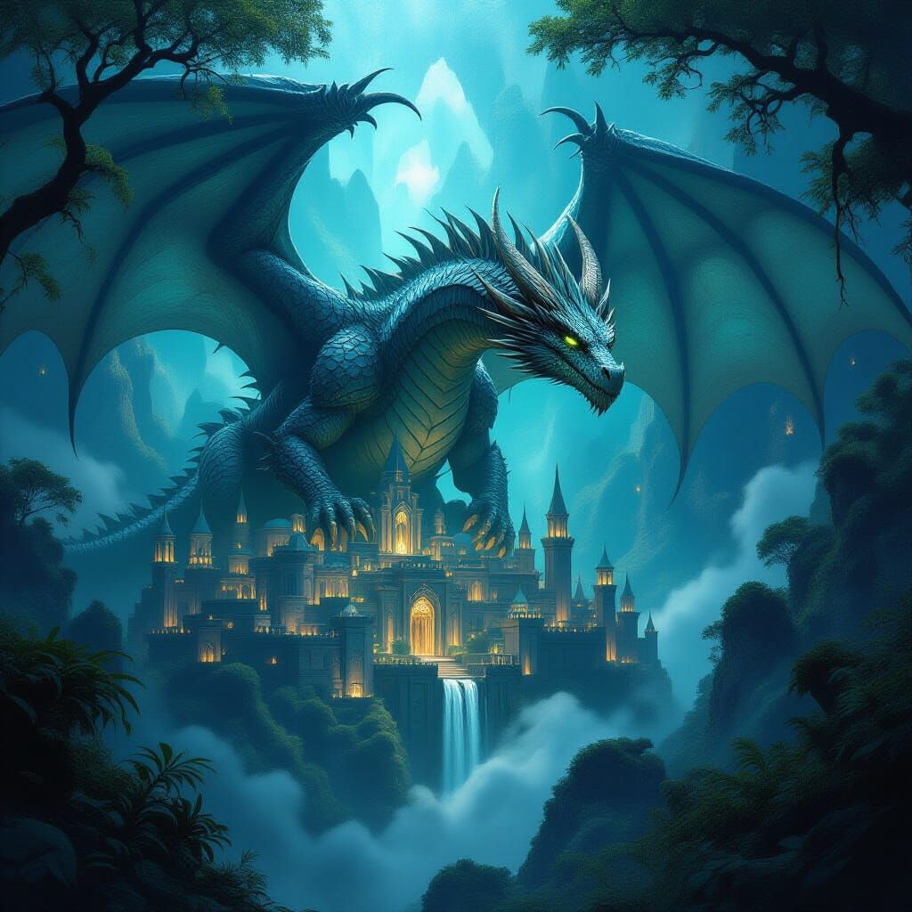 A lone wolf, its fur a blend of silver and moonlight, stands sentinel on a crumbling, moss-covered castle battlement. Below, a vast, star-du... - Start Image 1