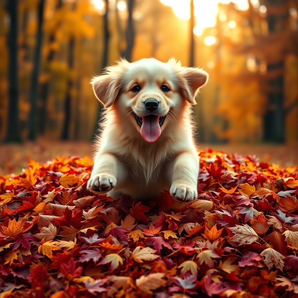 A fluffy golden retriever puppy, with oversized paws, joyfully leaps into a massive pile of vibrant autumn ...  by @Dave Crosby