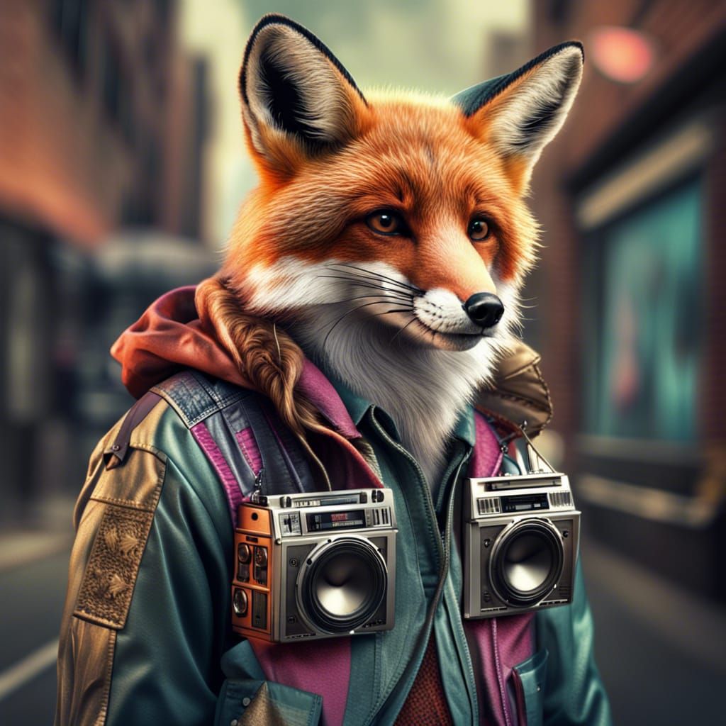 Fox eighties outfit with boombox on his shoulder - AI Generated Artwork ...