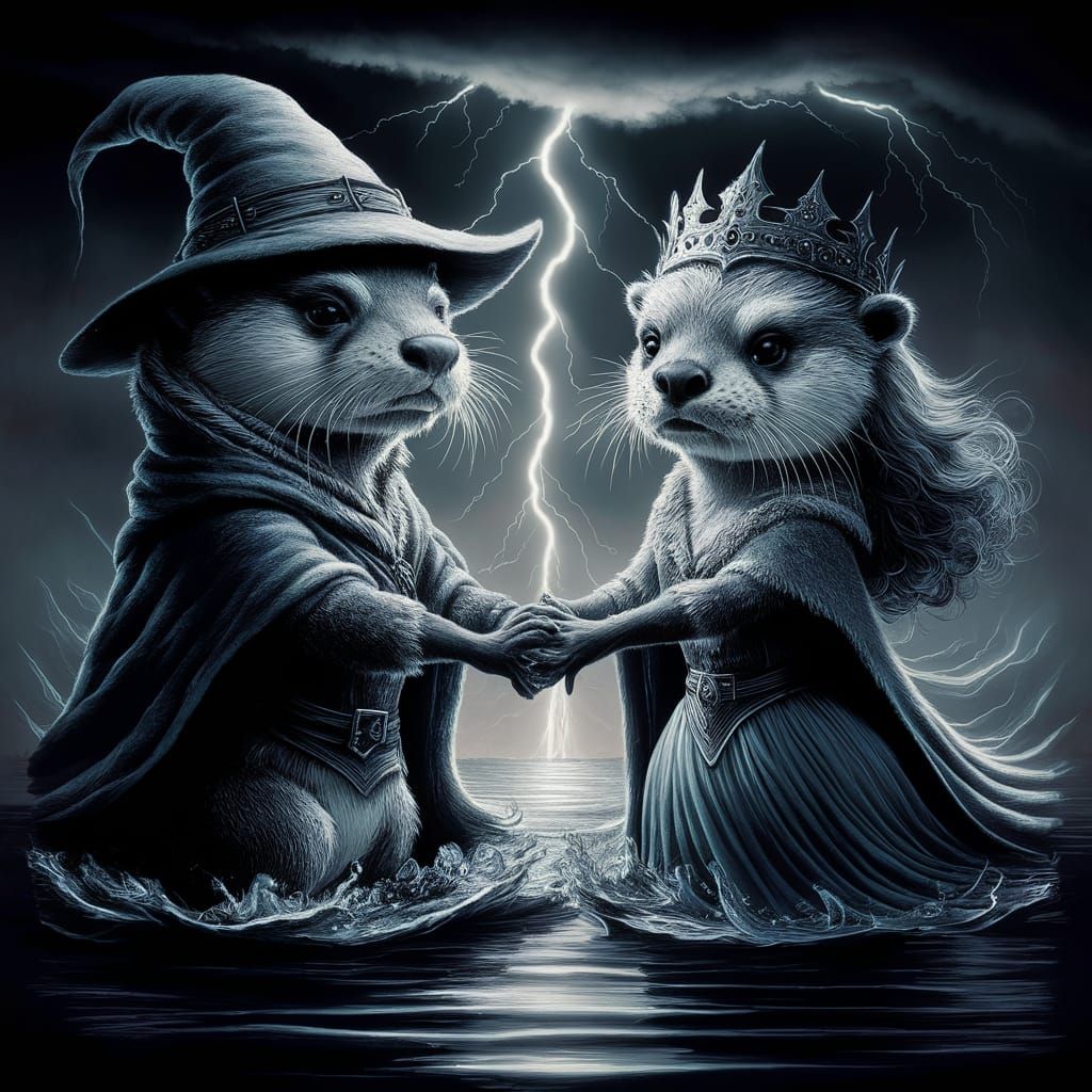 Anthropomorphic otter wizard holding hands with an anthropom...