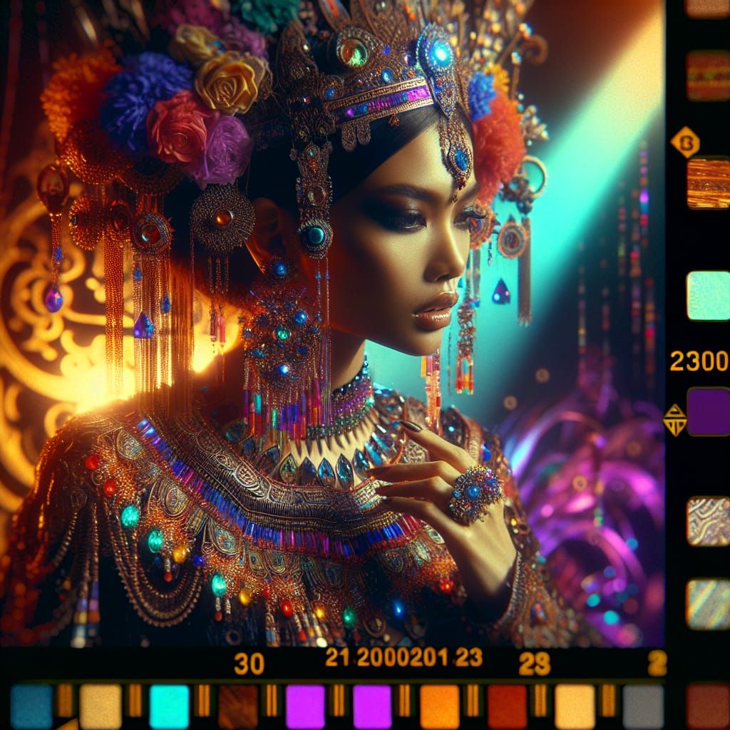Hyperrealistic wide view of a beautiful woman wearing intric...