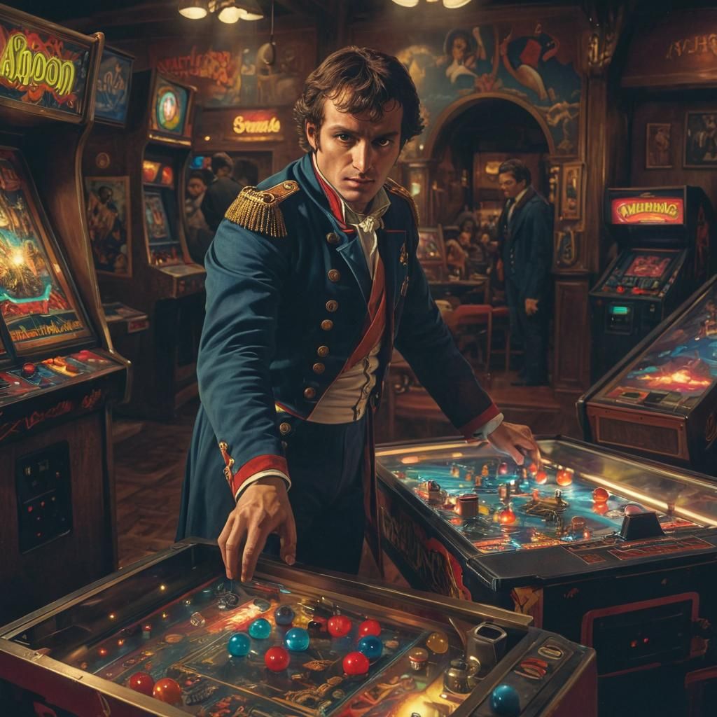 Napoleon trying to strategize pinball in an 80's arcade  by @forge4ward