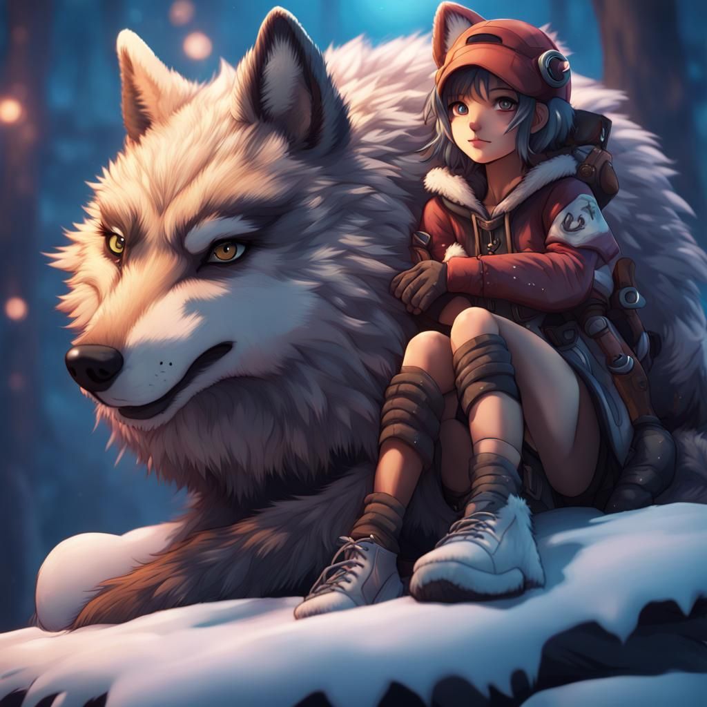 an anime furry girl sitting on top of a large soft toy wolf - AI Generated  Artwork - NightCafe Creator