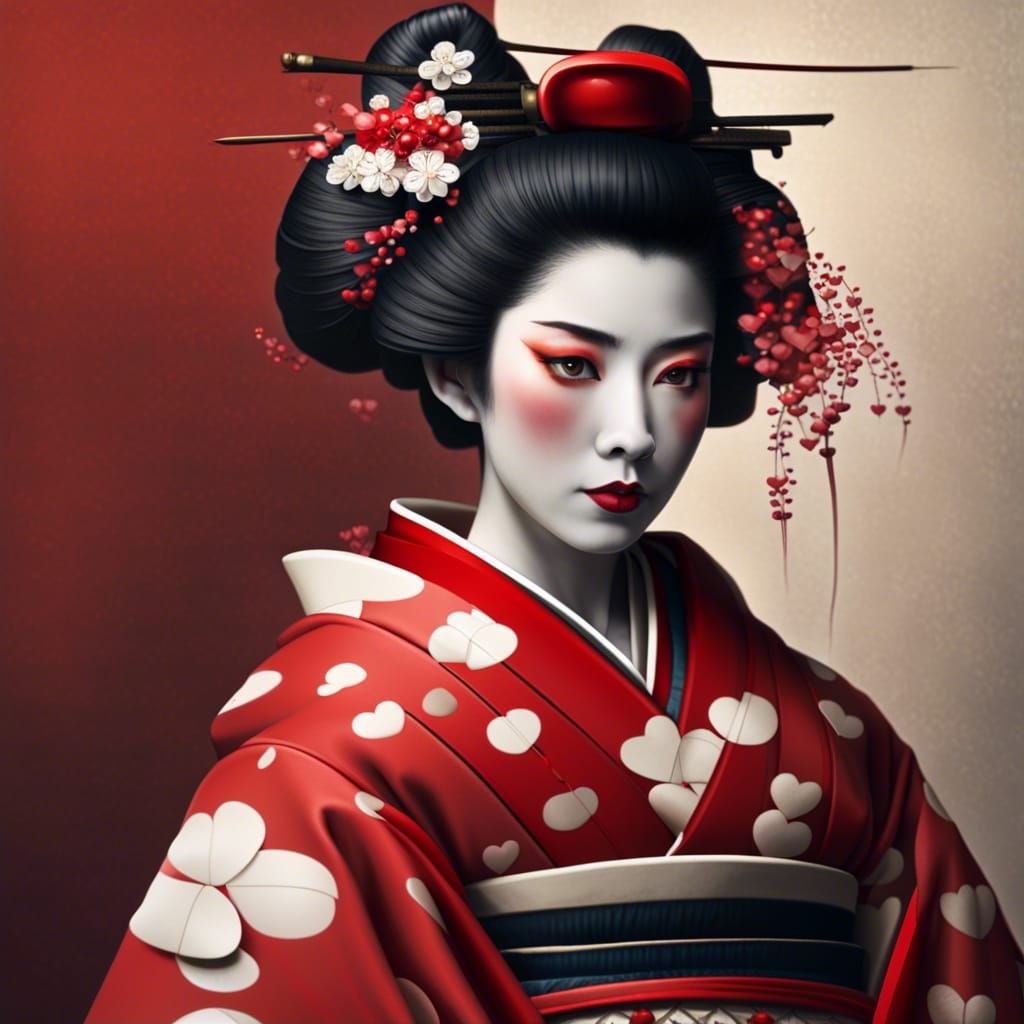 Geisha wearing a red kimono with white hearts