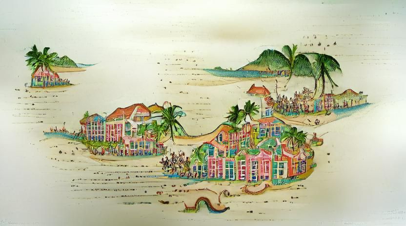 Detailed colored ink on paper, illustration of a tropical island beach town
