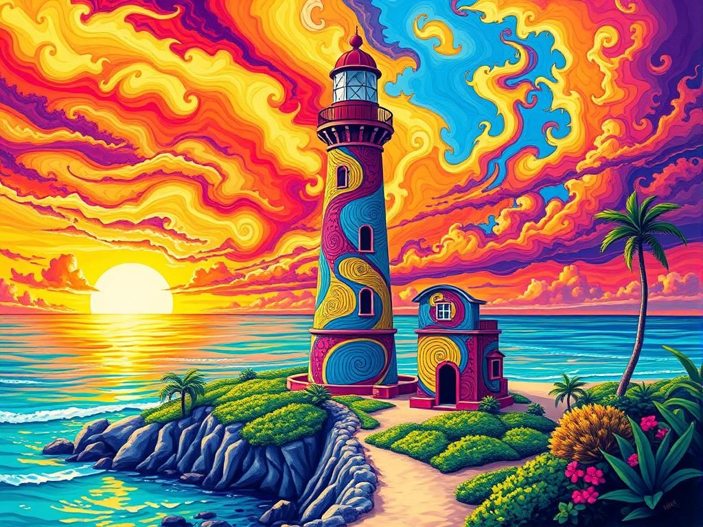 Vibrant Pop Explosion colorful ancient lighthouse vivid beachscape zentangle patterns  by @Livia ACumplice