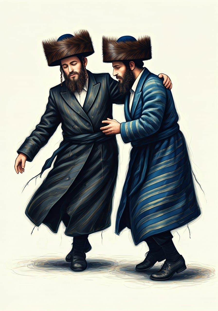 Orthodox Hasidic Men Dance Kadachka in Elegant Attire