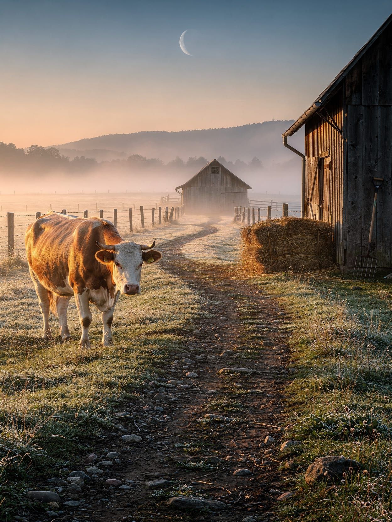A peaceful early morning farm at first light. A calm cow stands still in the foreground beside a dew-darkened ...  by @yokaiguni