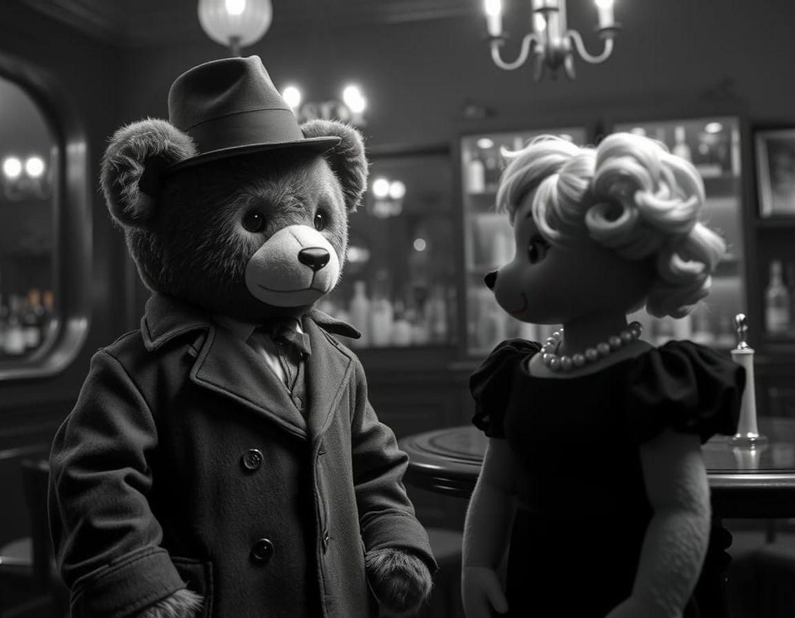 Film noir, with two teddy bears co-starring as the brave private eye and the cute blond nightclub singer.   by @Lorendiac H